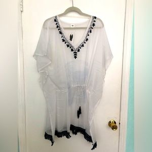 White and Black Embroidered Swim Coverup